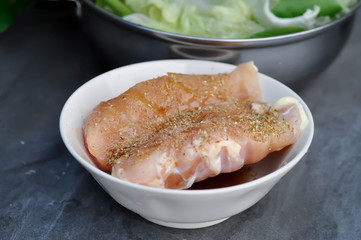raw chicken, sliced chicken