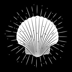 Scallop. Hand drawn vector illustration with Scallop and sunburst. Used for poster, banner, web, t-shirt print, bag print, badges, flyer, logo design and more.