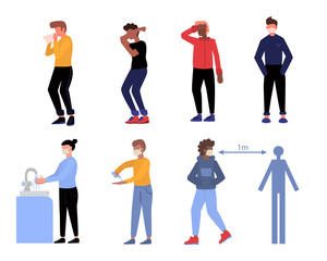 Fototapeta premium Steps To Hand Washing For Prevent Illness, wearing mask, using sanitizer. Main syptopms of the desease.