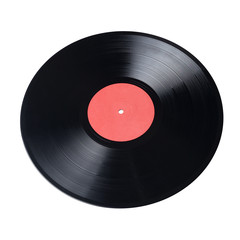 12-inch vinyl record with red label isolated.