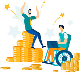 Financial Success and Working Office People with Different Possibilities. Cartoon Disabled Man in Wheelchair Typing Laptop and Happy Businessman Sitting on Coins Stack. Flat Vector Illustration
