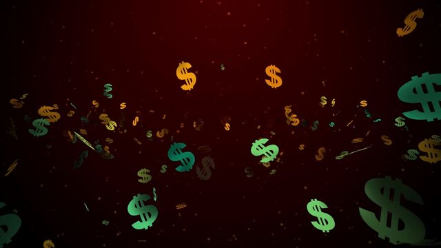 Seamless Loop Flying And Flickering Scattered Dollar Sign Confetti In The Air With Dark Red Background Yellow Glitter Dust