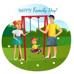 Happy Family Day Greeting Card Banner. Cartoon Father Mother and Son on Swing Vector Illustration. Dad Mom Child in Park Playground. Summer Leisure Nature. Little Boy Play Outdoors
