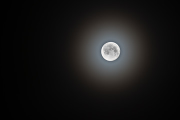 The spring full moon on a foggy morning