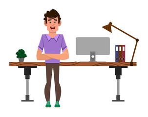 strong boy cartoon character stands near his table or workplace