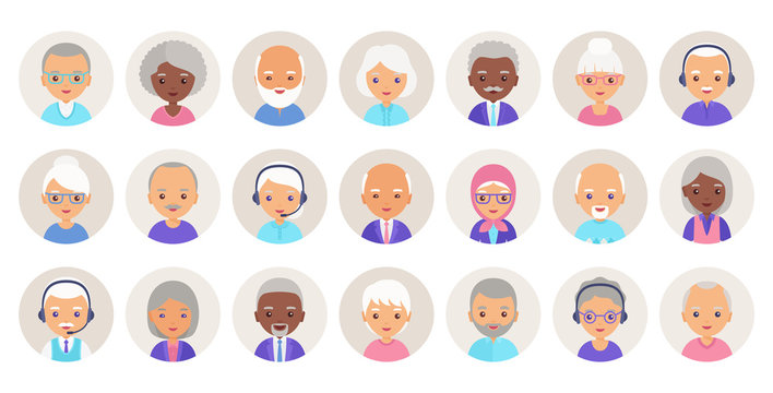 Old people avatar. Vector. Elderly person, seniors icons in flat design. Set happy grandfathers and grandmothers faces. Group retired grandparents characters isolated in circles. Cartoon illustration.