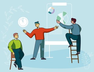 Corporate Coaching Meeting for Discussion Financial or Project Results. Cartoon Office Workers Characters. Coacher Talking, Man on Ladder Correcting Error in Digital Graph. Vector Flat Illustration
