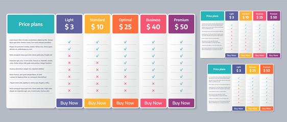 Price table template. Vector. Comparison plan chart. Set pricing data grid with 3, 4 and 5 columns. Checklist compare tariff banner. Color illustration. Flat simple design.