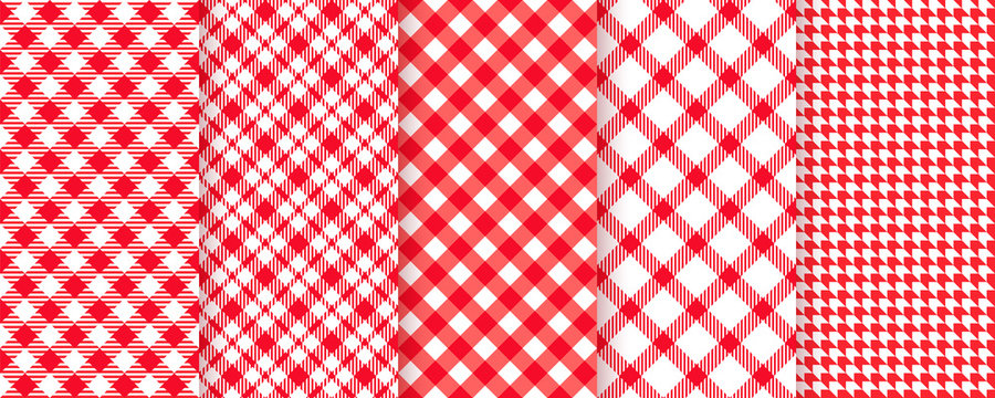 Tablecloth picnic seamless pattern. Red gingham background. Vector. Plaid cloth napkin texture. Checkered diagonal kitchen print. Retro wallpaper with check square glen houndstooth. Color illustration
