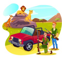 Fototapeta premium Couple of Men Hunters Wearing Military Uniform Holding Weapon Stand near Jeep Aiming to Animals in Africa, Lions and Tiger. Hobby, Hunt, Leisure, Summer Safari Time. Cartoon Flat Vector Illustration
