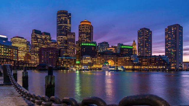4K UHD Time lapse : Boston skyline at sunset as viewed fantastic twilight or dusk time from Fan Pier Park in Boston, Massachusetts, USA. United state downtown beautiful colorful skyline.