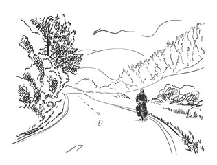Sketch of long distance cyclist cycling on rural road, Hand drawn vector illustration