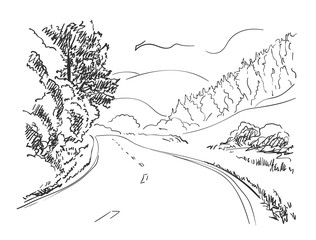 Sketch of road on hilly landscape, Hand drawn vector illustration