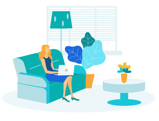 Woman Surfing Internet Flat Vector Illustration. Young Lady Sitting on Couch Cartoon Character. Female Programmer, Freelancer Working with Laptop Indoors. Remote Job, Home Rest, Online Recreation