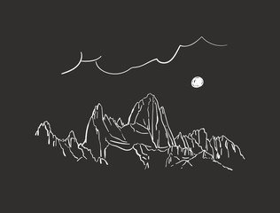 Linear sketch of Fitz Roy mountain in Patagonia in night with moon, Hand drawn vector illustration white lines - obrazy, fototapety, plakaty
