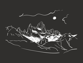 Linear sketch of Fitz Roy mountain massif in Patagonia in night with moon, Hand drawn vector illustration white lines