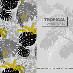 seamless pattern and poster with tropical leaves in monochrome shades black gray gold