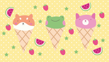 cute kawaii postcard with ice cream pets