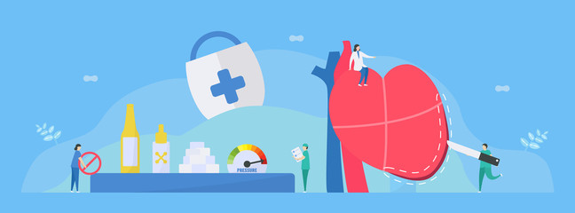 Fototapeta premium Cardiology vector illustration. This disease calls Dilated Cardiomyopathy. Ability of blood pumping is decreased. Left ventricle room of heart is enlarged and weakened. Stop alcohol, toxin, more sugar