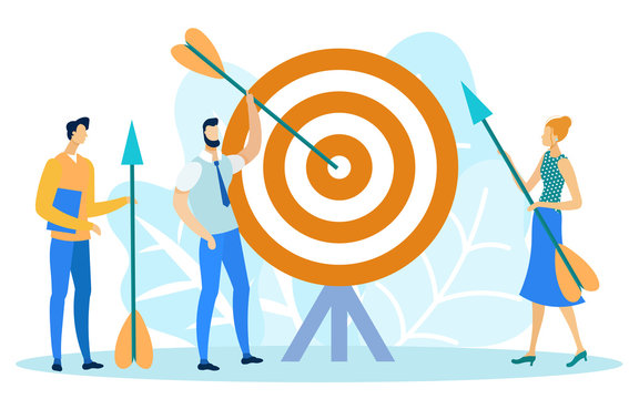 Target Marketing Flat Cartoon Banner Vector Illustration. Business People Shooting Bow. Goal Achievement, Customers Targeting. Person Holding Dart Hitting Aim. Challanges at Work. Man Taking Arrow.