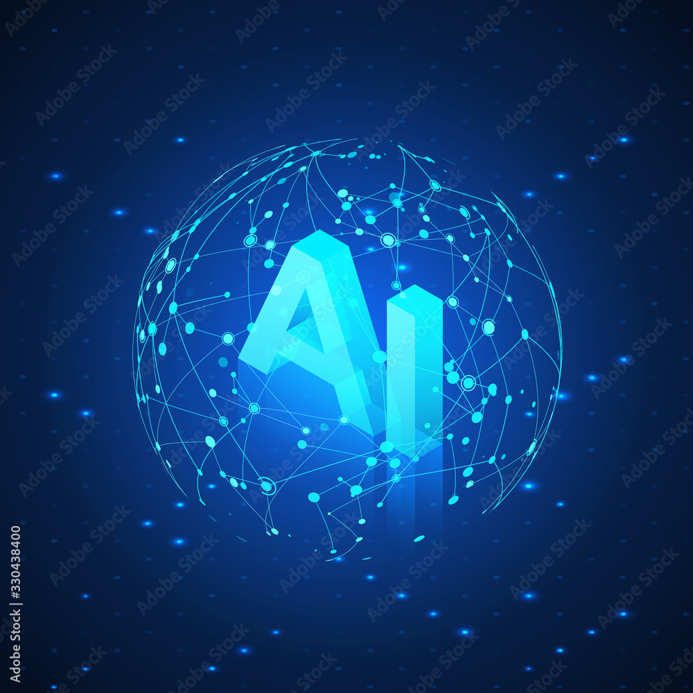 Poster ai hologram in global network. artificial intelligence isometric banner. ai header. futuristic techn