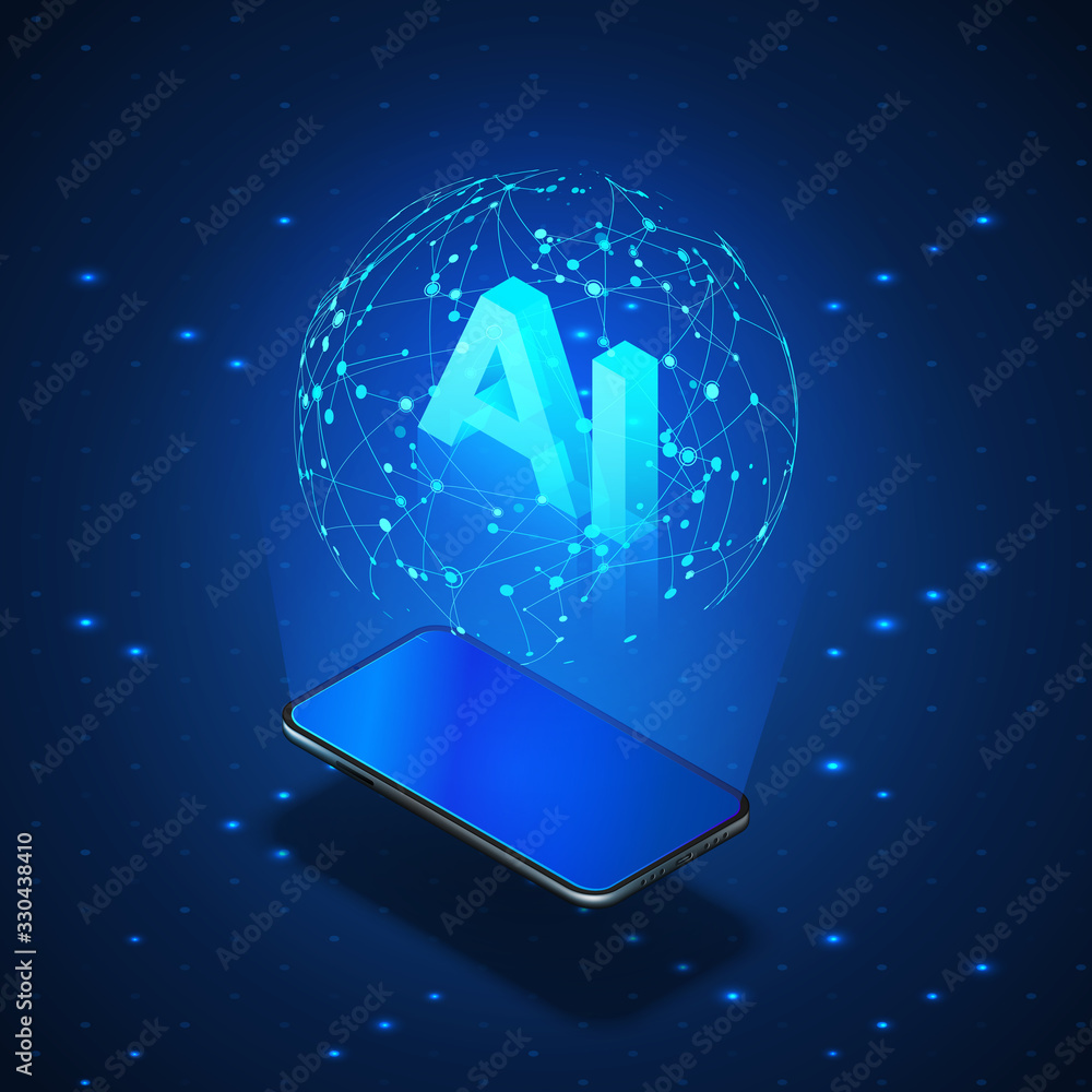 Poster isometric banner ai concept. mobile phone with hologram global networking and header ai artificial i