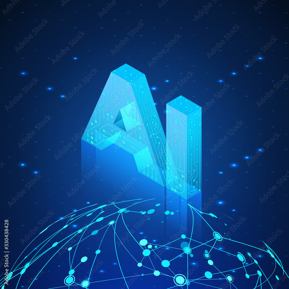 Poster ai hologram over global network. artificial intelligence isometric banner. futuristic technology bac