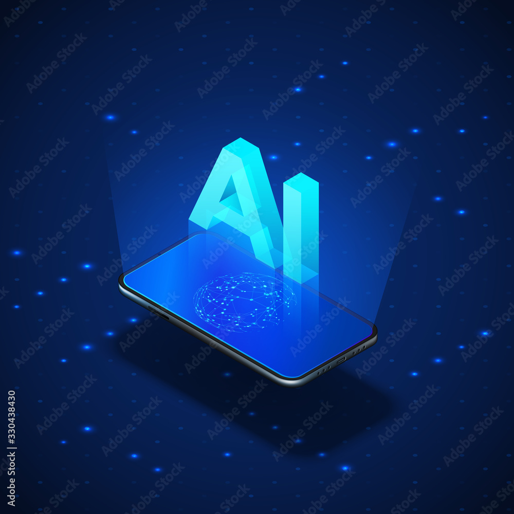 Poster isometric banner ai concept. realistic mobile phone with header ai artificial intelligence. vector i