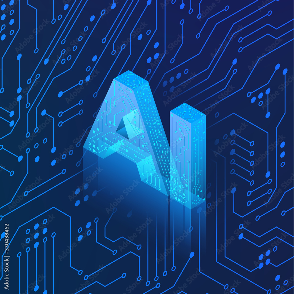 Aufkleber ai hologram on circuit background. isometric artificial intelligence concept. blue technology backgr