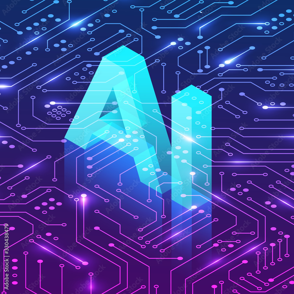 Poster artificial intelligence concept. isometric ai header on circuit background. futurictic illustration.
