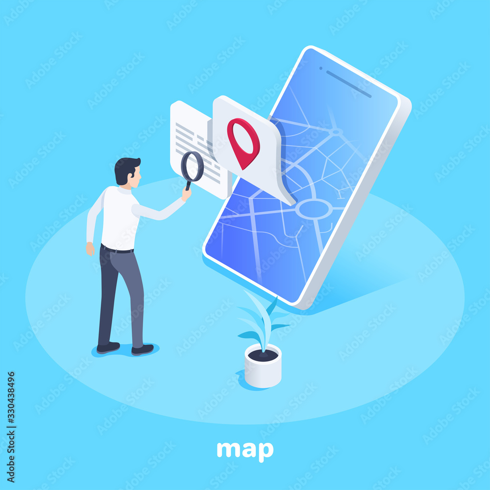 Poster isometric vector image on a blue background, a man in business clothes with a magnifying glass looks