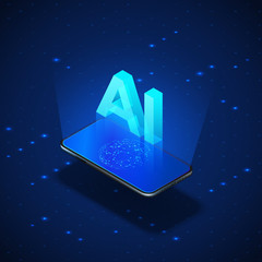 Isometric Banner AI Concept. Realistic mobile phone with header AI artificial intelligence. vector illustration