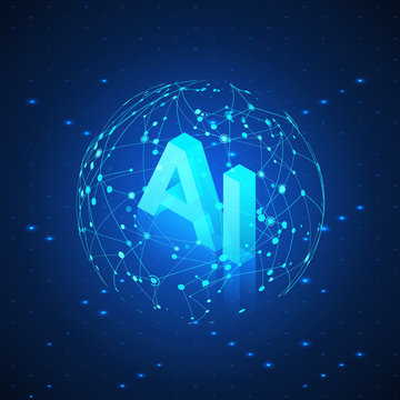 AI Hologram In Global Network. Artificial Intelligence Isometric Banner. AI Header. Futuristic Technology Background. Vector