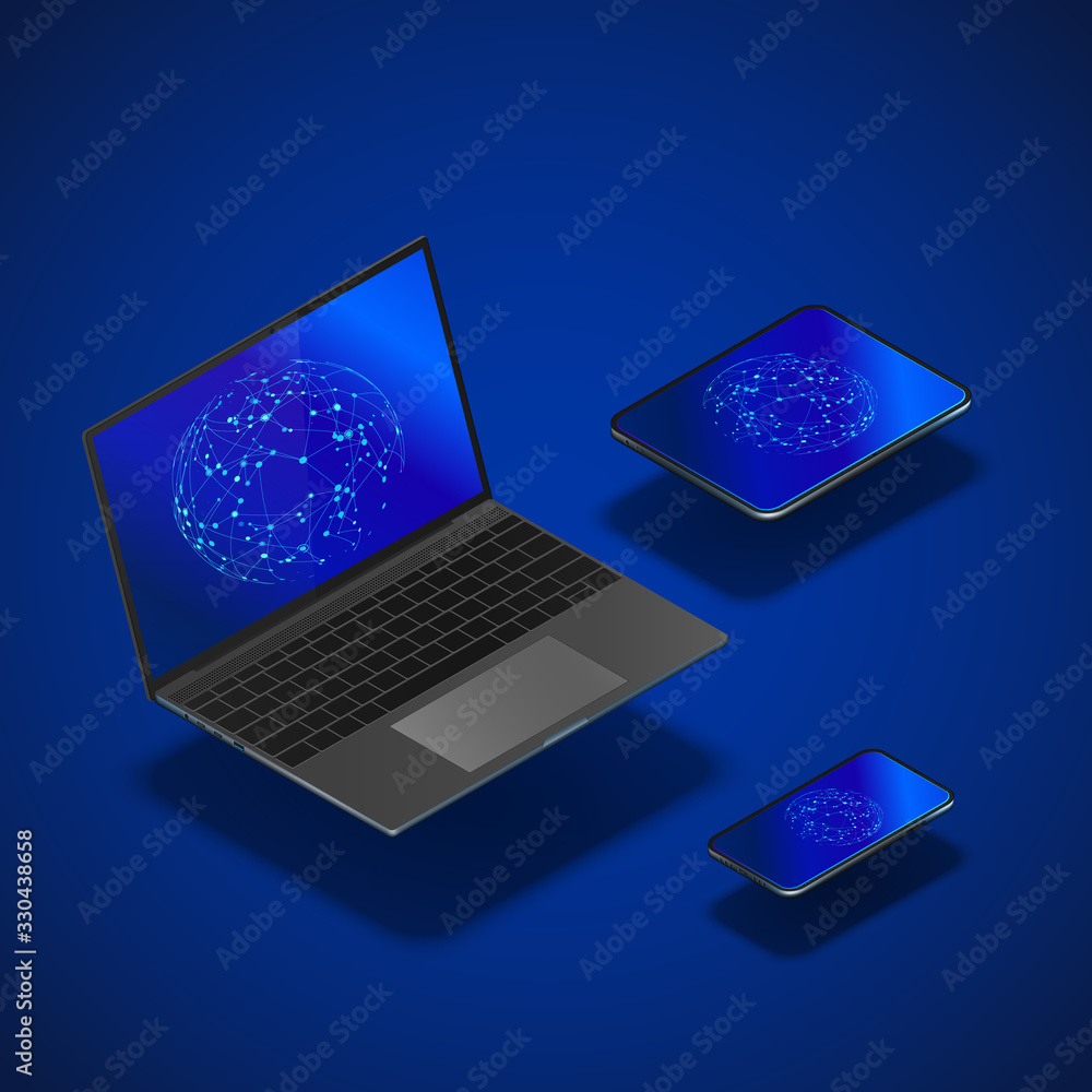 Poster isometric gadgets mock up set. realistic laptop mobile and tablet with global networking on screen. 