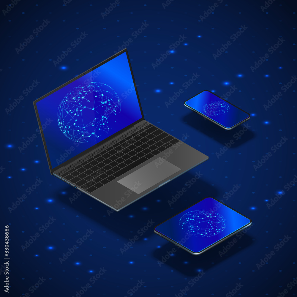 Poster isometric gadgets mock up set. realistic laptop mobile and tablet with global networking on screen. 