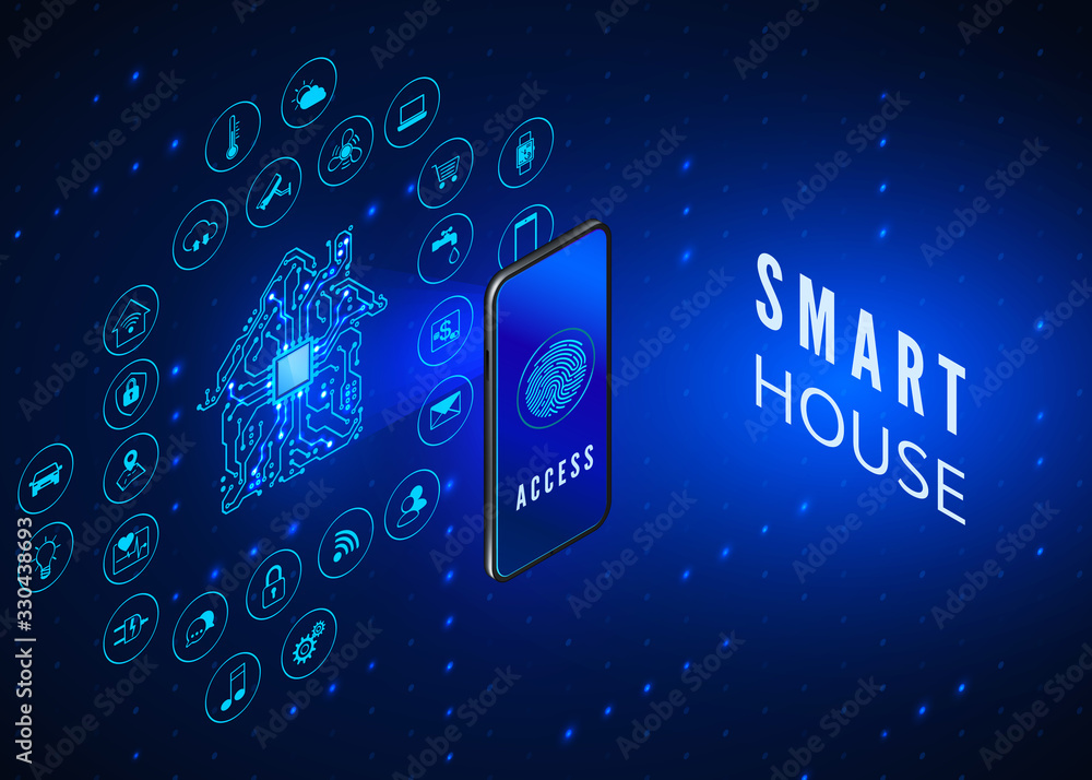 Poster smart house concept. mobile phone monitoring and controls all smart system in house. access to smart
