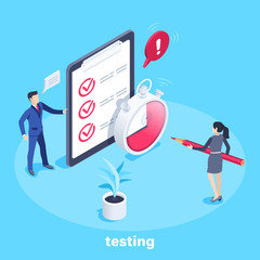 isometric vector image on a blue background, man in a business suit near stopwatch next to a tablet and woman with a pencil, time to testing