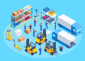 isometric vector image on a blue background, men in work overalls work in a warehouse, a shelf with boxes and canisters, equipment for transportation of goods, truck and loader - obrazy, fototapety, plakaty