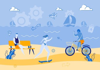 Advertising Banner, Tropical Coast Bike Path. Young People Ride on Bike Path on Beach. Guy Rides Bicycle, Girl Rides Skateboard. Man Reads Book While Sitting Bench. Vector Illustration.