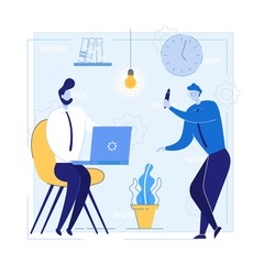 Creative Team Cooperation and Ideas Sharing. Startup Businessman Offers Effective Problem Solution or Development Plan to Colleague, Investor or Sponsor. Trendy Flat Cartoon Vector Illustration.