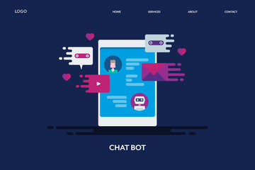 Chatbot, digital assistant, artificial intelligence, future marketing automation, customer support app on mobile concept. Flat design web banner, landing page template.