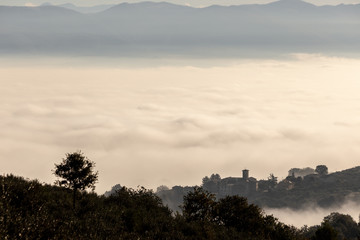 Surreal view of of a little town in Umbria (Italy) almost completely hidden by fog with trees silhouettes in the foreground