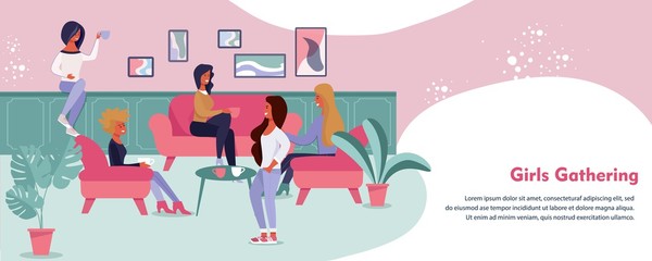 Fototapeta na wymiar Banner Advertising Girls Gathering and Hen-Party Organization. Cartoon Female Friends Rest in Cafe. Pretty Happy Women Drinking Coffee. Place for Promotion Text. Vector Flat Illustration