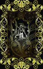 Fototapeta na wymiar Graphic abstract design with occult tarot card. Major Arcana - The Magician (The Mountebank). Suitable for invitation, flyer, sticker, poster, banner, card, label, cover, web. Vector illustration.