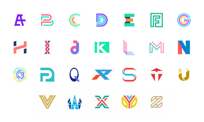 Collection of letter a to z logo. Geometric abstract logos. Abstract font and alphabet. Isolated on White background