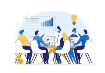 Business Team on Brainstorming Meeting, Company Conference. People Cartoon Characters Discussing Problems, Finding Solution, Sharing Ideas. Creative Thinking and Inspiration. Flat Vector Illustration.