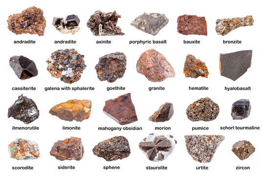 set of various brown unpolished minerals with name