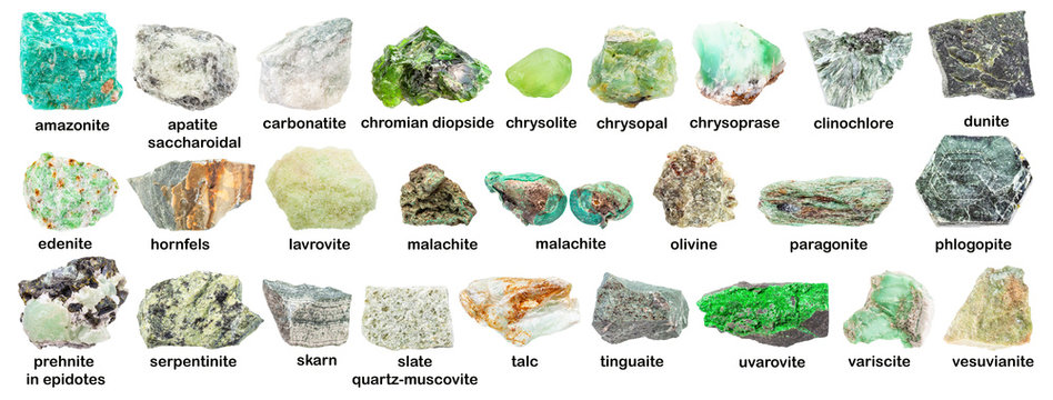 set of various green unpolished minerals with name