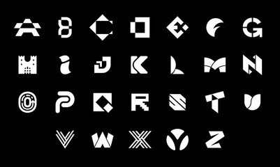 Collection of letter a to z logo. Geometric abstract logos. Abstract font and alphabet. Isolated on Black background