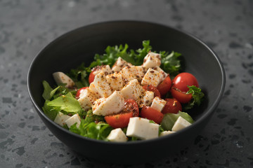 Healthy light salad with cherry tomatoes, mozzarella and frisee in black bowl on concrete surface